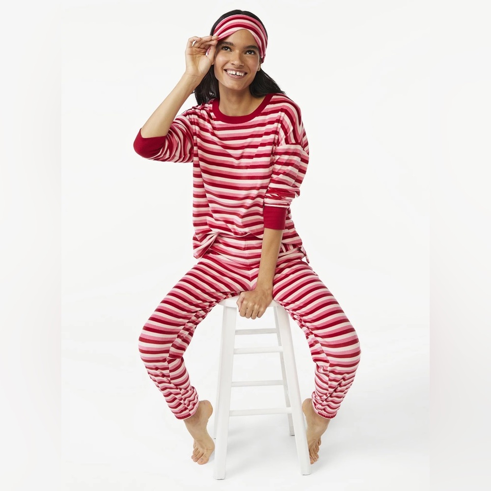 Joyspun Women's Velour Pajama Sleep Set with Eye Mask, 3-Piece